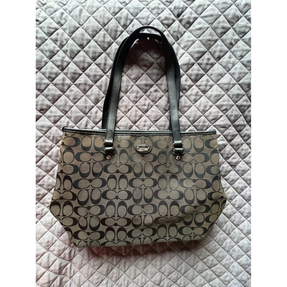 Coach Handbags - Coach Fiona Zip Top Tote Canvas Black/Walnut Purse